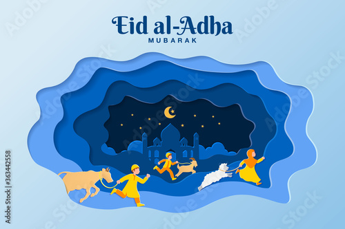 Eid al-Adha greeting card concept illustration in paper cut style with kids bring goat, sheep, and cattle for sacrifice