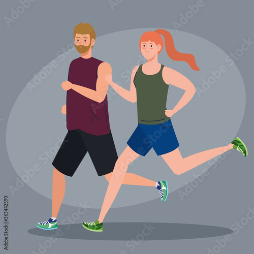 couple marathoner running sportive, man and woman run competition or marathon race poster, healthy lifestyle and sport vector illustration design