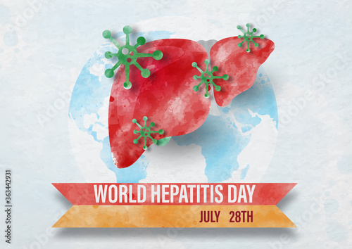 Human liver with symbol of virus and wording of World Hepatitis Day banner on global and light blue background. Poster campaign in watercolors style and vector design.