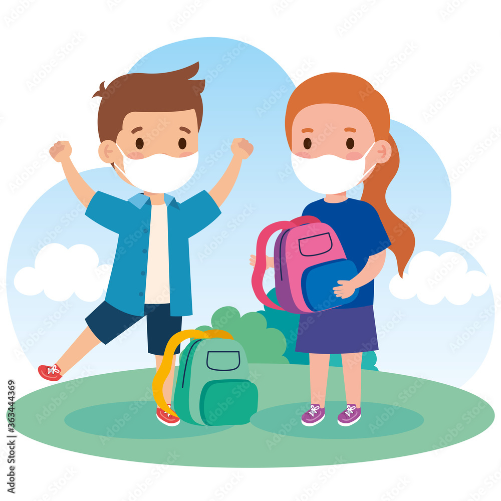 cute kids wearing medical mask to prevent coronavirus covid 19 with school bag, little students wearing protective medical mask vector illustration design cute kids wearing medical mask to prevent coronavirus covid 19 with school bag, little students wearing protective medical mask vector illustration design