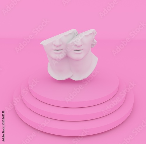 3D rendering of studio scene with two merged and fused heads on the podium. Postmodern surreal sculpture.