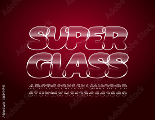 Vector Super Glass Alphabet set. Glossy transparent Letters and Numbers. Iced crystal Font