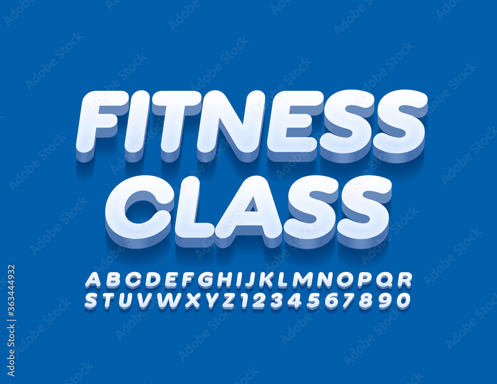 Vector trendy sign Fitness Class. Modern 3D Font. White Alphabet Letters and Numbers