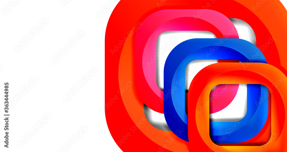 Square geometric vector abstract background, dynamic modern minimal template. Multicolored square shapes with round corners overlapping each other Square geometric vector abstract background, dynamic modern minimal template. Multicolored square shapes with round corners overlapping each other