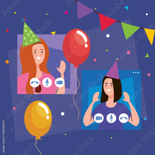 online party, meeting friends, women have online party together in quarantine, video conference, party web camera online holiday vector illustration design
