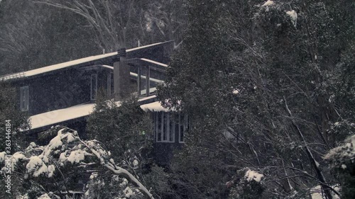 Snow falls slowly in front of a timber cabin in the Australian mountains photo