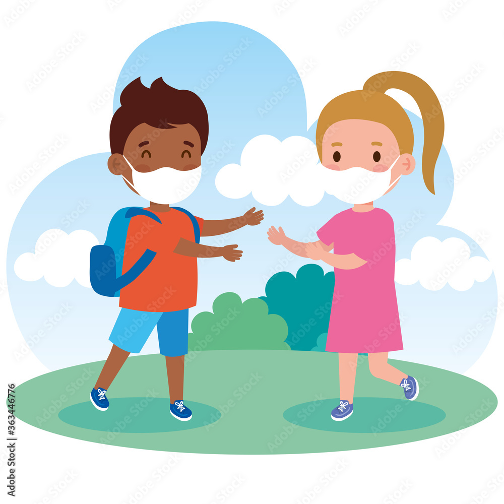 cute kids wearing medical mask to prevent coronavirus covid 19 with school bag in outdoor, little students wearing protective medical mask in grass vector illustration design