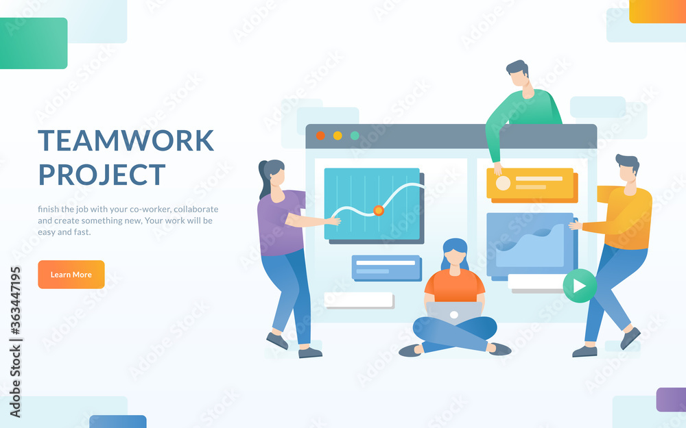 Teamwork concept vector, people work together, people interacting with graph, collaboration project, website landing page, brainstorming illustration, banner, template, web ui design