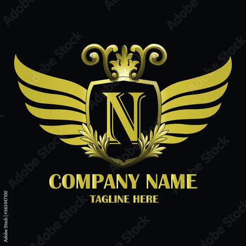 Luxury wing Initial Letter N Gold color with Shield. Vintage monogram logo perfect for book design, brand name, business card, Victory logo, vector logo template