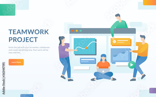 Teamwork concept vector, people work together, people interacting with graph, collaboration project, website landing page, brainstorming illustration, banner, template, web ui design © indro