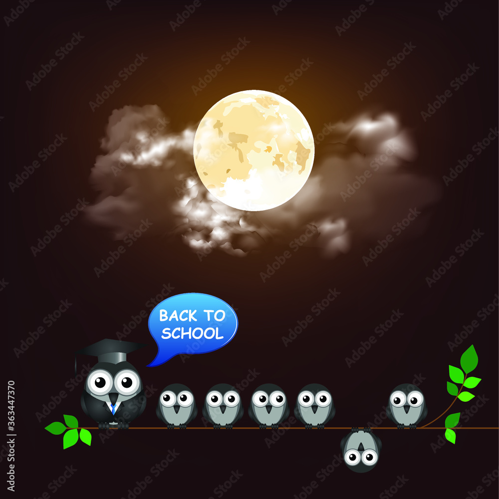 Naklejka premium Comical back to school message with teacher and students sat on a branch set against a stunning full moon sky background