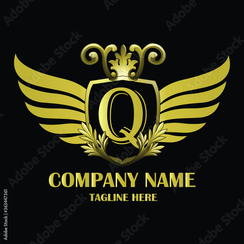 Luxury wing Initial Letter Q Gold color with Shield. Vintage monogram logo perfect for book design, brand name, business card, Victory logo, vector logo template