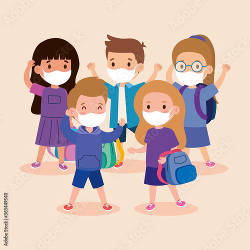 cute children wearing medical mask to prevent coronavirus covid 19, students children wearing protective medical mask vector illustration design