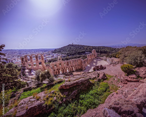 panoramic view of Athens Greece, and Herodium ancient open theater under acropolis