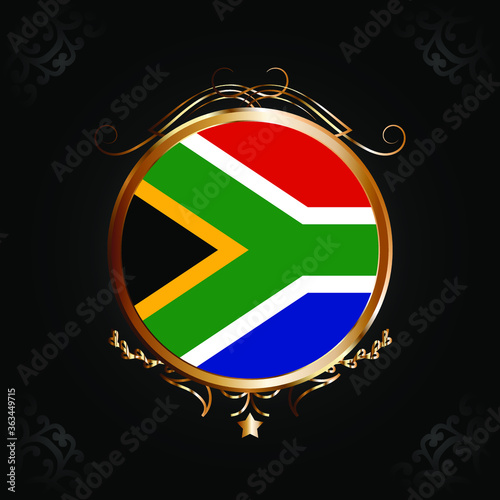 Flag of South Africa round icon with gold Circle Frame, badge or button. South Africa national symbol. Vector illustration.