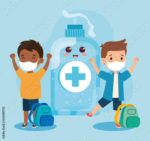 cute children wearing medical mask to prevent coronavirus covid 19 and cute bottle disinfection vector illustration design