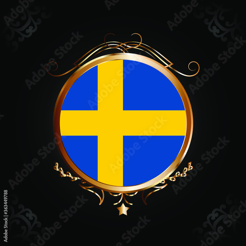 Flag of sweden round icon with gold Circle Frame, badge or button. sweden national symbol. Vector illustration.