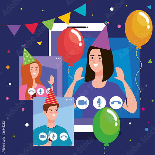 online party, meeting friends, people have online party together in quarantine, video conference, party web camera online holiday vector illustration design