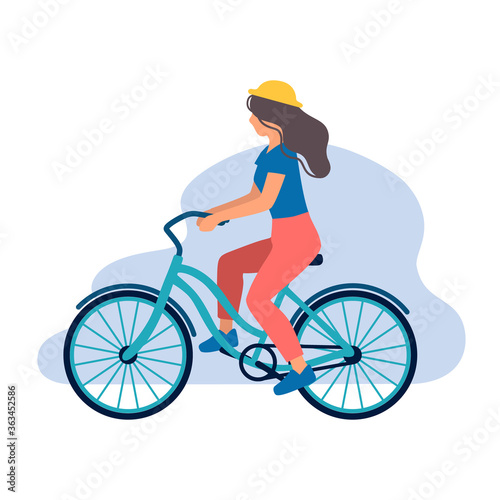 Pretty young woman on a bicycle. Adorable female cyclist. Sport, healthy lifestyle. Flat cartoon colorful vector illustration.