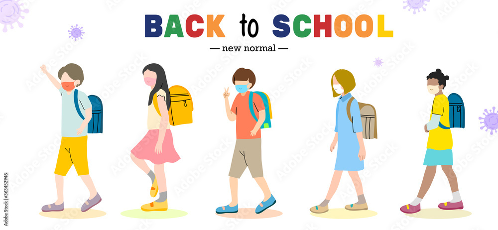 Back to school for new normal concept. Group of children wearing face mask go to school and keep social distance. colorful style. Vector illustration flat design.