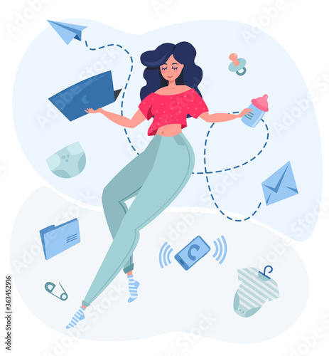 Mom freelancer. The girl on maternity leave works at the computer. Mom easily does business. Ringing phone, sent letters, baby clothes, pacifier, bottle. Vector illustration.