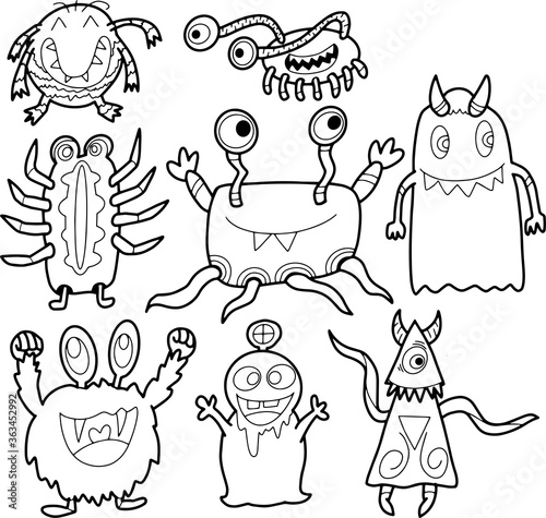 Set of funny cute monsters, aliens or winged fantasy animals for children coloring books or fashion. Hand drawn. line art cartoon vector illustration.