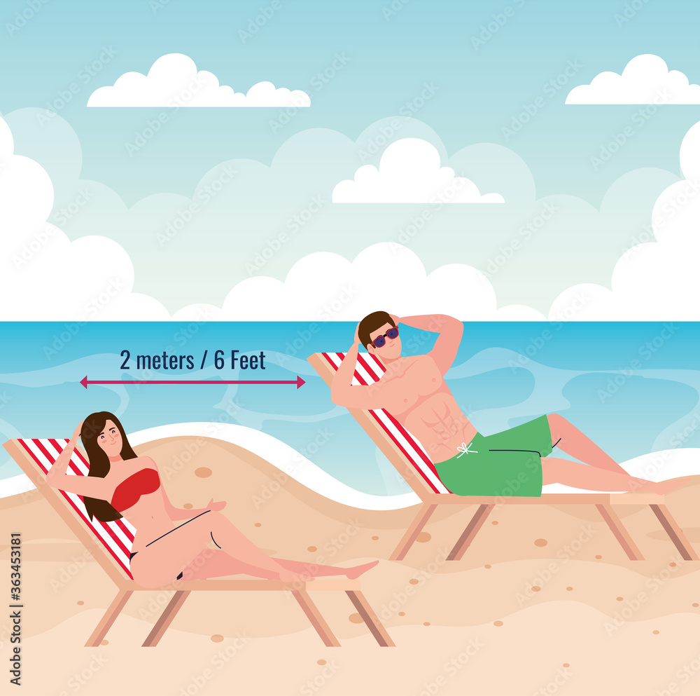 social distancing on the beach, couple lying on beach chair keep distance, new normal summer beach concept after coronavirus or covid 19 vector illustration design