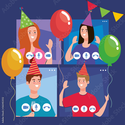 online party, meeting friends, people have online party together in quarantine, video conference, party web camera online holiday vector illustration design