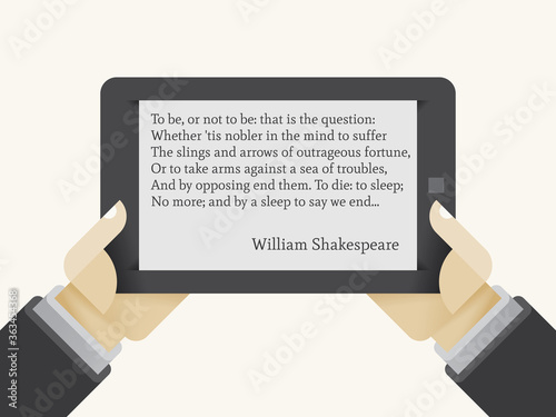 ibook reader in human hands. William Shakespeare's To be or not to be from play Hamlet on the screen. Concepts: education, online library, reading classic literature, cloud computing photo