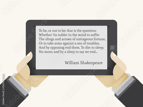 ibook reader in human hands. William Shakespeare's To be or not to be from play Hamlet on the screen. Concepts: education, online library, reading classic literature, cloud computing