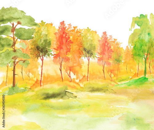 Watercolor autumn trees of yellow  red  orange color. Autumn forest hill. Watercolor art background. Beautiful splash of paint. Abstract creative background. Country landscape  park. Eco poster