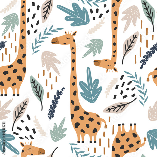 Giraffes, leaves, hand drawn backdrop. Colorful seamless pattern with animals. Decorative cute wallpaper, good for printing. Overlapping background vector. Design illustration