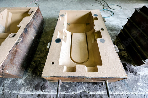 View of the sand mold models for steel casting. Molding sands, also known as foundry sands, are defined by eight characteristics: refractoriness, chemical inertness, permeability, surface finish. photo