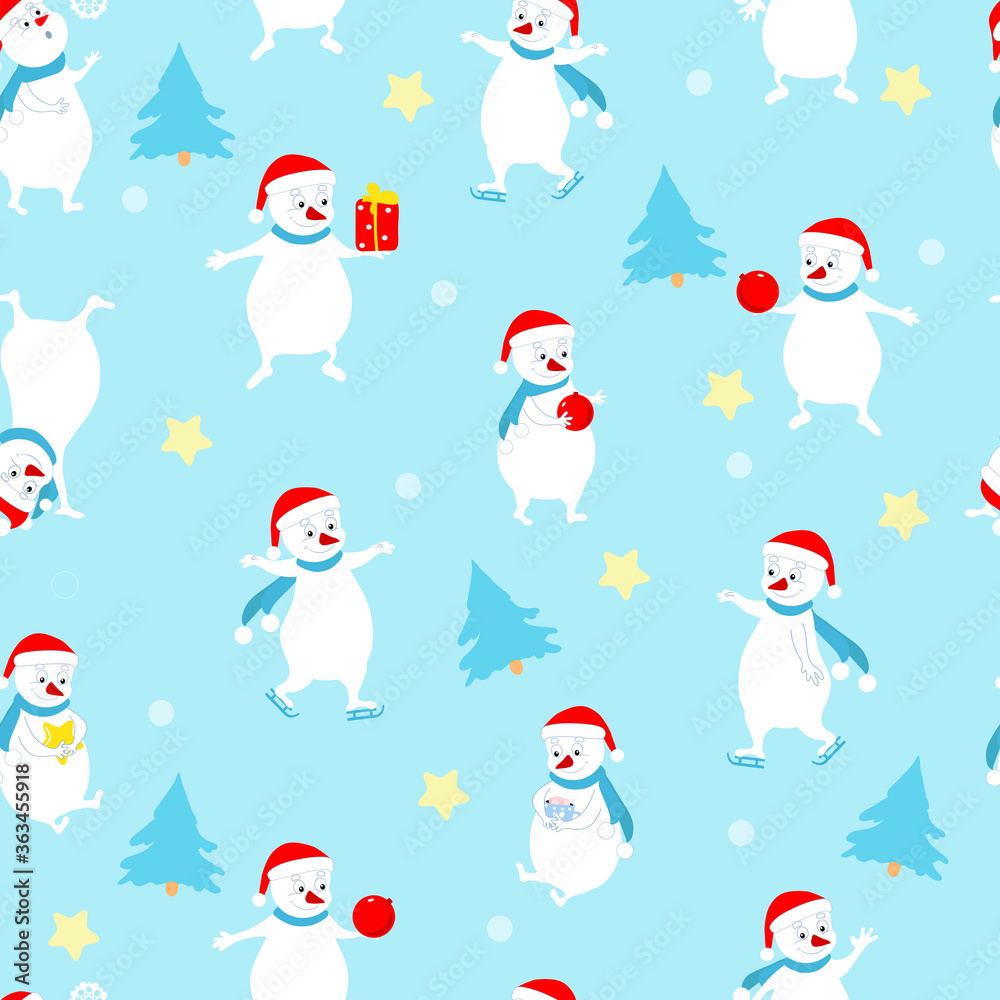 Seamless Christmas pattern of spruce, snowmen, stars on a blue background. Pattern for packaging, for Christmas gifts, for wrapping paper, flat-style wallpaper. Fun and joyful mood of the holiday. Seamless Christmas pattern of spruce, snowmen, stars on a blue background. Pattern for packaging, for Christmas gifts, for wrapping paper, flat-style wallpaper. Fun and joyful mood of the holiday.