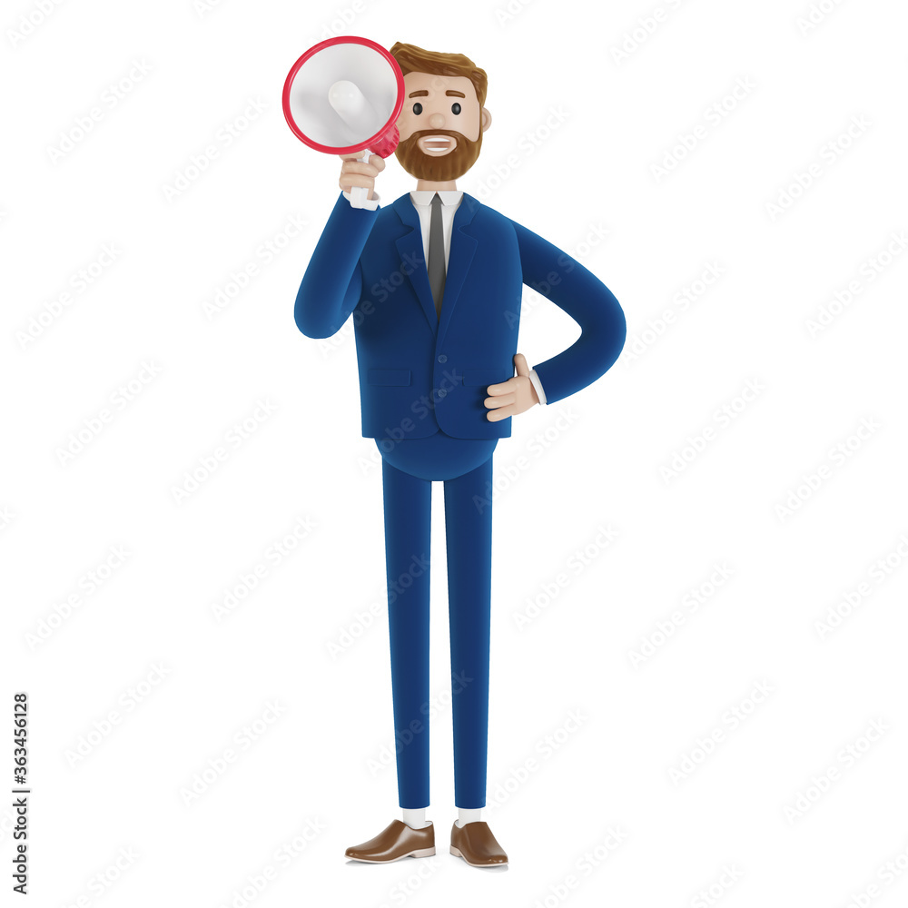 Cartoon character screaming in loudspeaker. 3d illustration.