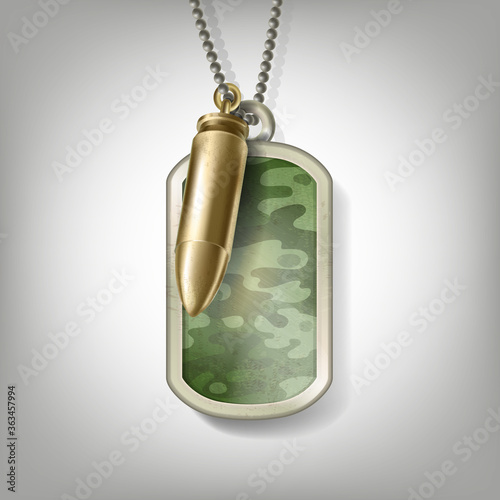 Metal camouflage tag with a bullet hanging on a chain isolated on grey background. Blank army medallion or identity necklace. Silver empty soldier badge for personal information of a military man.