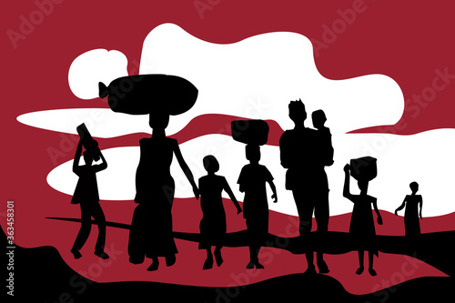 Silhouette of exodus of economically backward people carrying their luggages and kids.