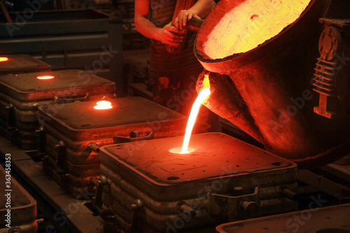 Casting, melting, molding and foundry. The most widely used non reusable mold method is sand casting a process in which specially treated sand is rammed around the pattern and placed in a support. photo