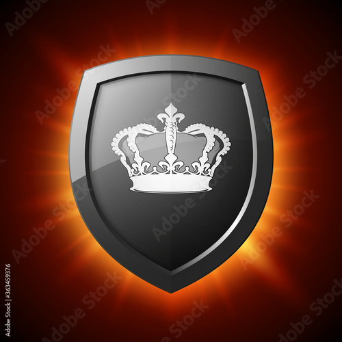 Protection shield with crown concept icon. Safety badge with corona. Privacy diadem banner. Security label. Defense tag. Presentation sticker shape. illustration