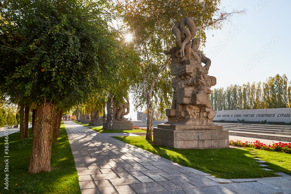 Volgograd, Russia - October 18, 2019: Monument in park of historical war complex Mamaev Kurgan in Volgograd, Russia.