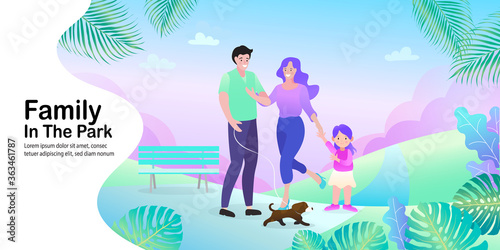Happy young family - father, mother, daughter walking in park with their dog. Vector illustration. 