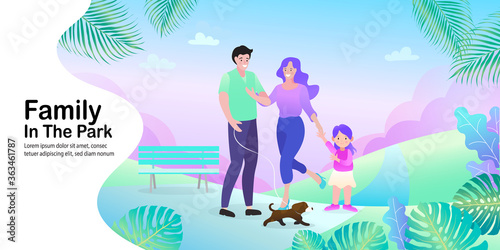 Spend quality time with a happy family in the park concept. Parents and child walking with a dog in a green outdoor garden with tropical plants for lifestyle and leisure themes