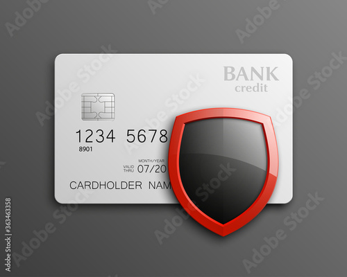 Protection shield credit card. Safety badge banking card. Safeguard finans icon. Security shield Plastic card software. Debit card guard electromagnetic chip. Privacy Electronic money funds transfer.