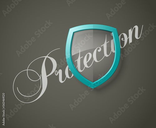 Protection font lettering & transparent shield concept. Safety badge icon. Privacy banner shield. Security label. Defense shield tag. Presentation sticker shape. illustration background