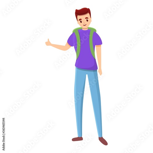Boy with backpack hitchhiking icon. Cartoon of boy with backpack hitchhiking vector icon for web design isolated on white background
