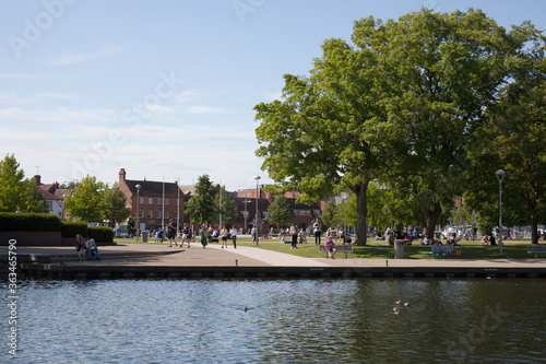 Bancroft Gardens from the far side of The River Avon at Stratford upon Avon in Warwickshire in the UK