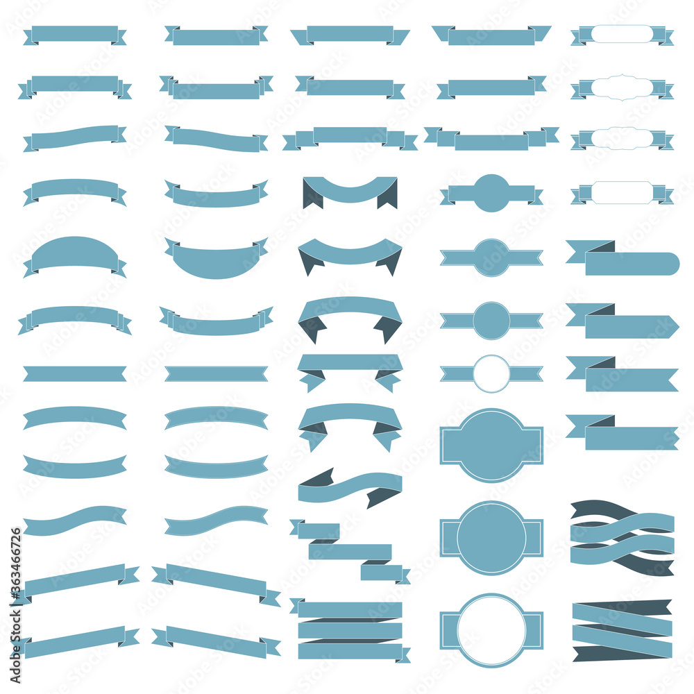 Vector set of 55 ribbons, blue colored flat ribbon. White background.