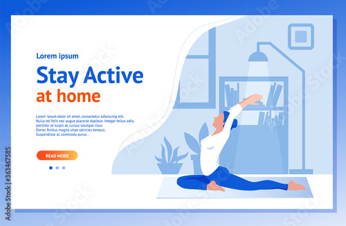 Stay active at home concept. Girl does exercises in a modern interior. Landing page background. Vector illustration in a flat style.