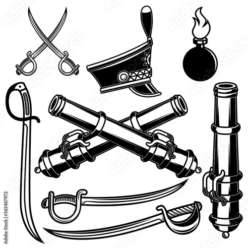 Set of illustrations of hussar weapon. Sabers, cannons. Design element for emblem, logo, label, sign. Vector illustration photo