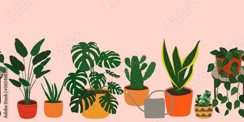Modern vertical seamless banner with home plants and stylish watering can. Great for flower shop banner, poster, ad. Vector flat design card with empty space for text.